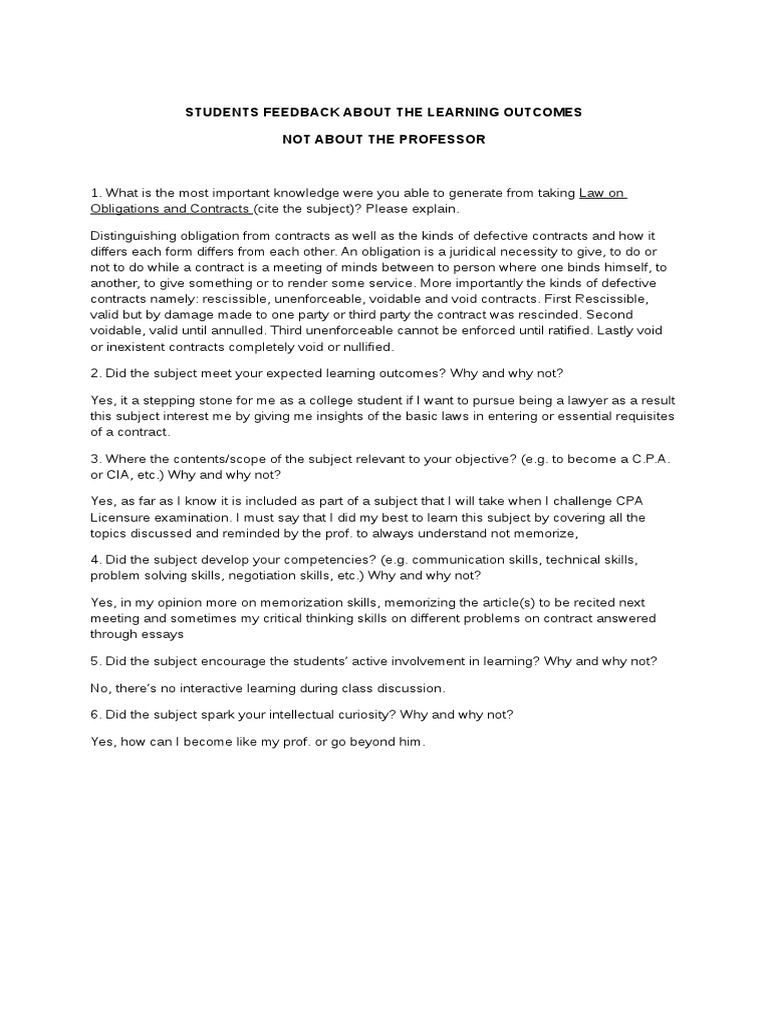 Students Feedback About The Learning Outcomes | PDF | Risk | Audit