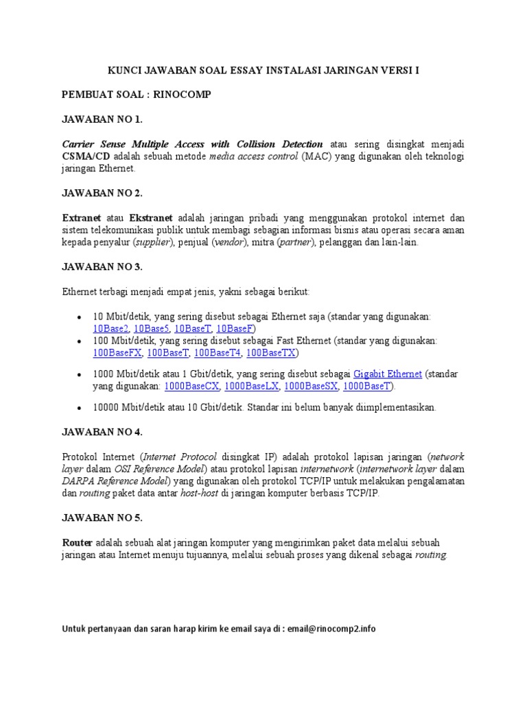 Kunci Jawaban Soal Essay Instalasi Jaringan Versi i Kunci Jawaban Soal Essay Instalasi Jaringan Versi i