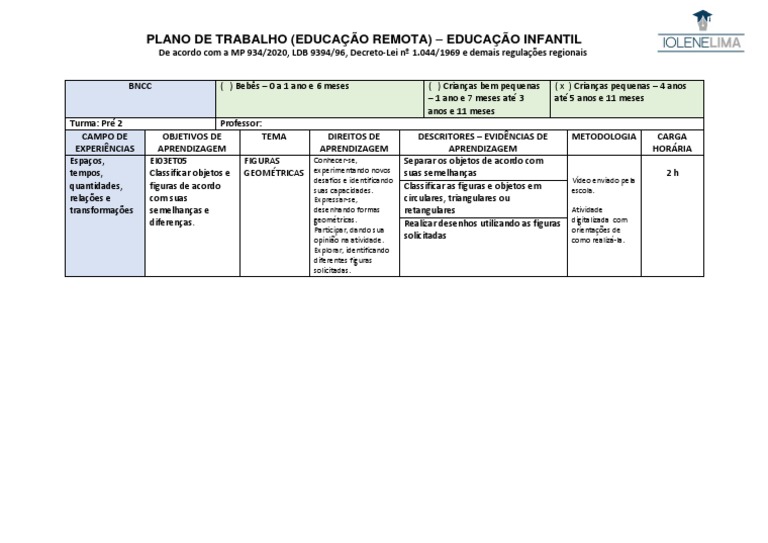 Modelo de Plano de Ação Educação Infantil | PDF