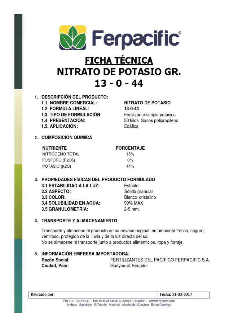 Ficha Técnica Nitrato de Potasio GR PDF