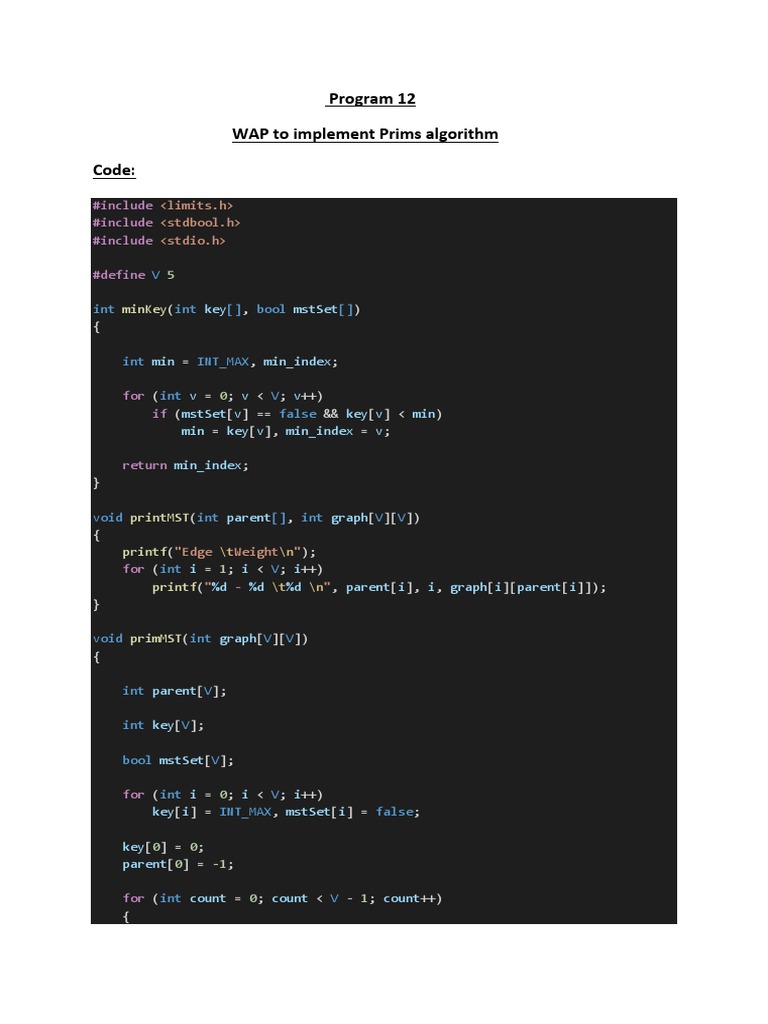 Program 12 WAP To Implement Prims Algorithm Code | PDF | Computers