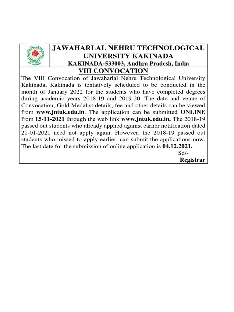 JNTUK VIII Convocation 2022 Notification | PDF | Educational Assessment ...