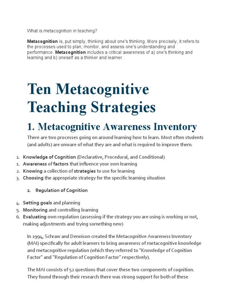 Metacognitive Teaching Strategies Explained | PDF | Metacognition ...