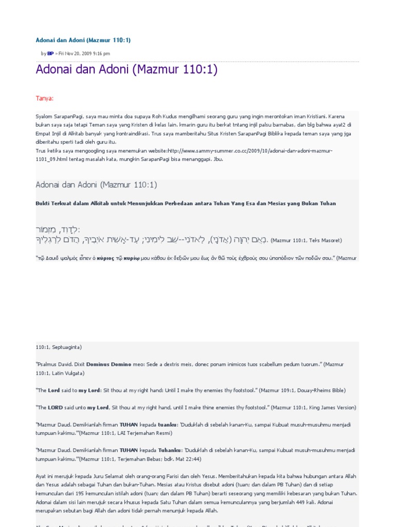 Perbedaan Adonai dan Adoni dalam Mazmur 110:1 | PDF | Agama & Spiritualitas
