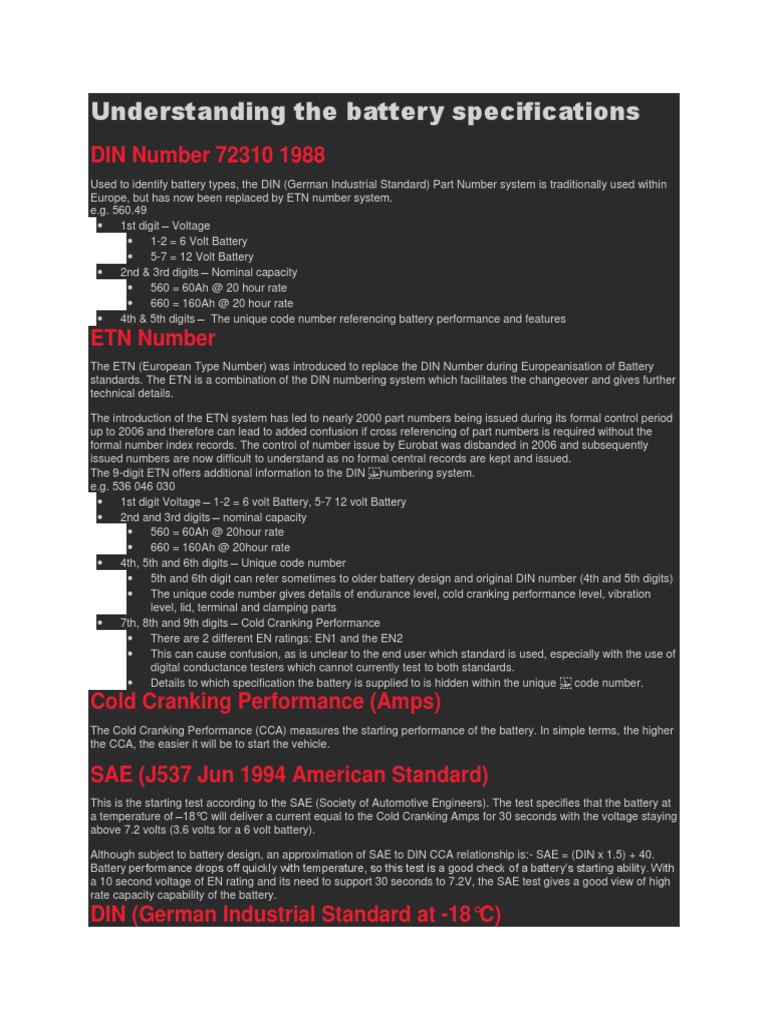 DIN Battery Specifications Explained | PDF | Electrical Engineering ...