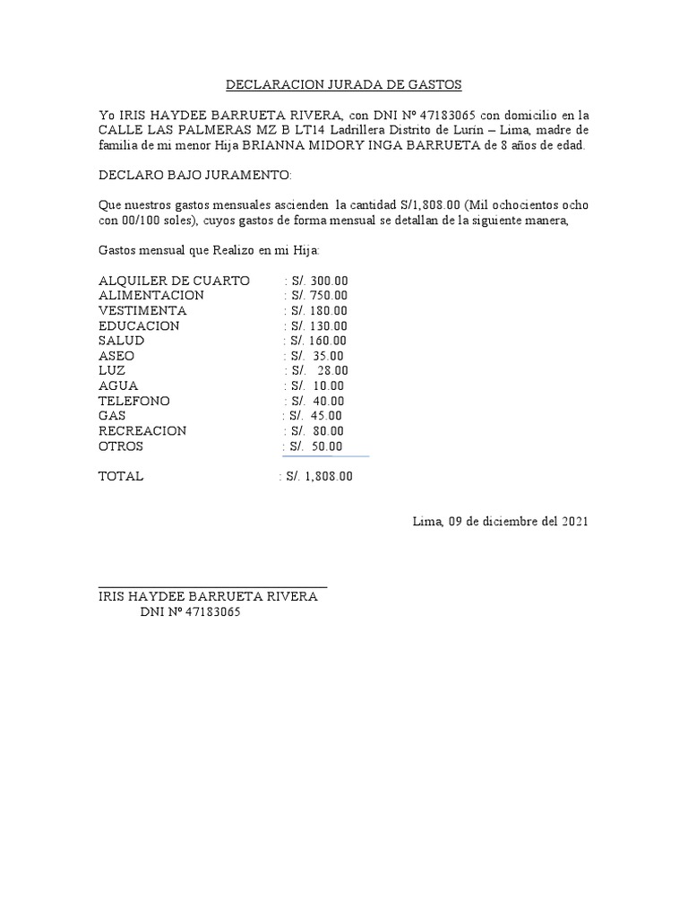 Declaración Jurada de Gastos Mensuales | PDF