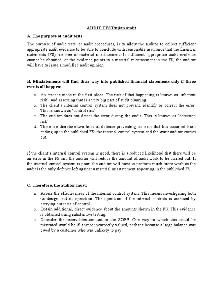 AUDIT TEST/ujian Audit A. The Purpose of Audit Tests PDF Audit