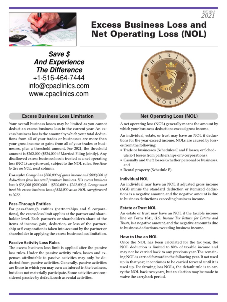 Excess Business Loss and Net Operating Loss NOL 2021 PDF Tax