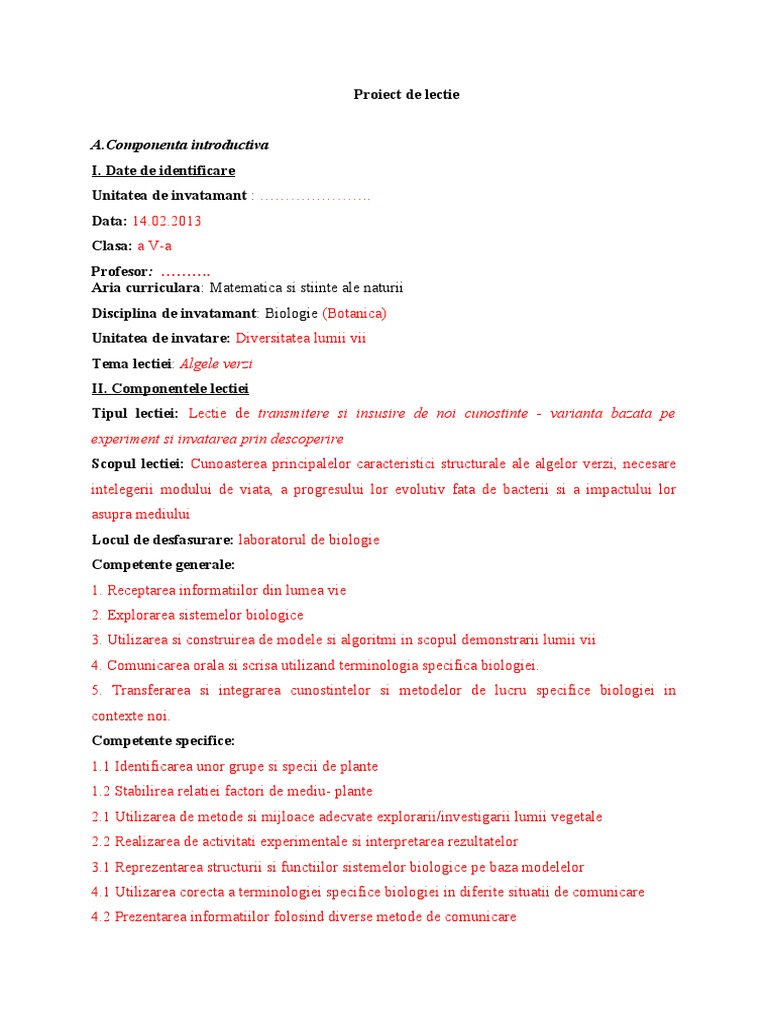 Model Proiect de Lectie | PDF