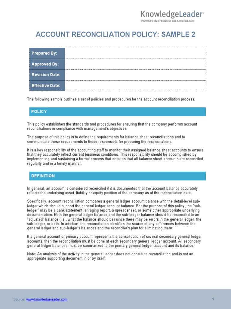 Account Reconciliation Policy - Sample 2 | PDF | Balance Sheet | Business