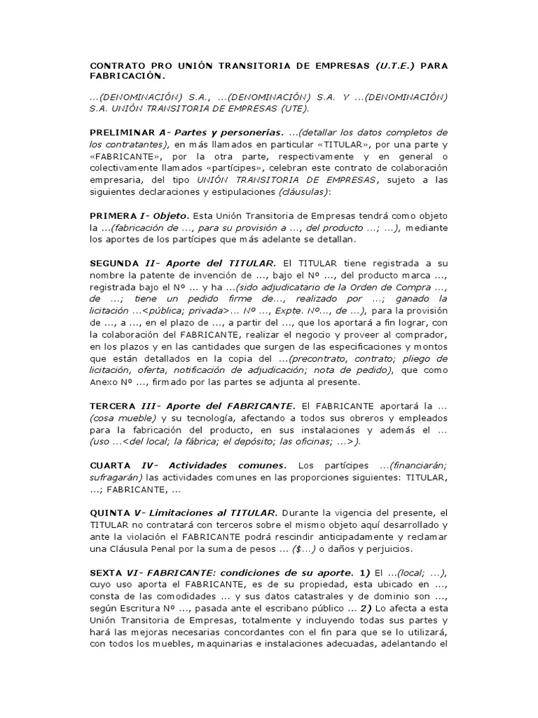 Contrato UTE para Fabricación Empresarial | PDF | Propiedad | Contabilidad