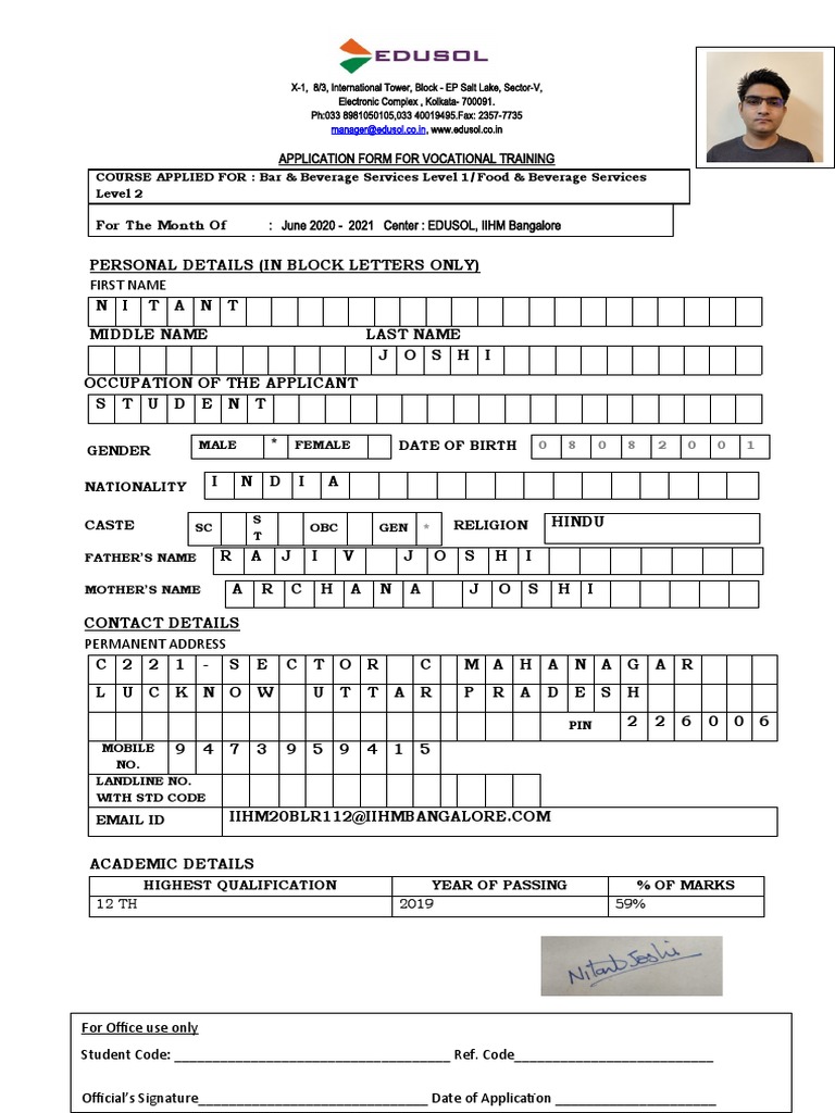 Application Form For Vocational Training: For The Month of | PDF