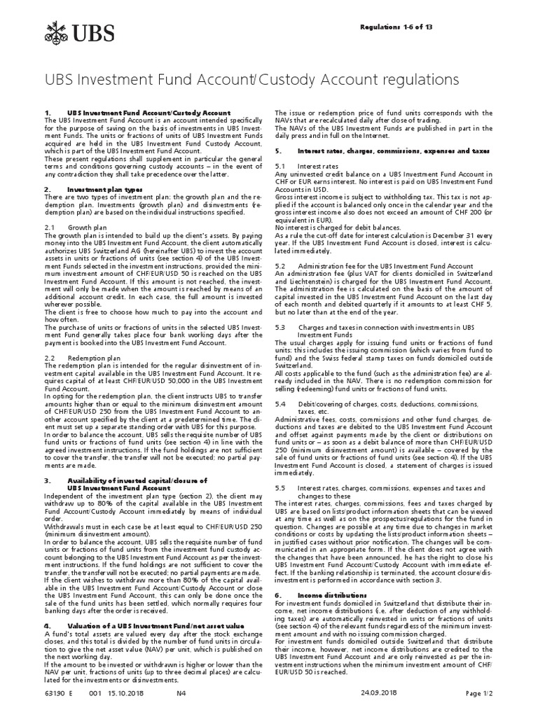 UBS Investment Fund Account/Custody Account Regulations PDF Ubs