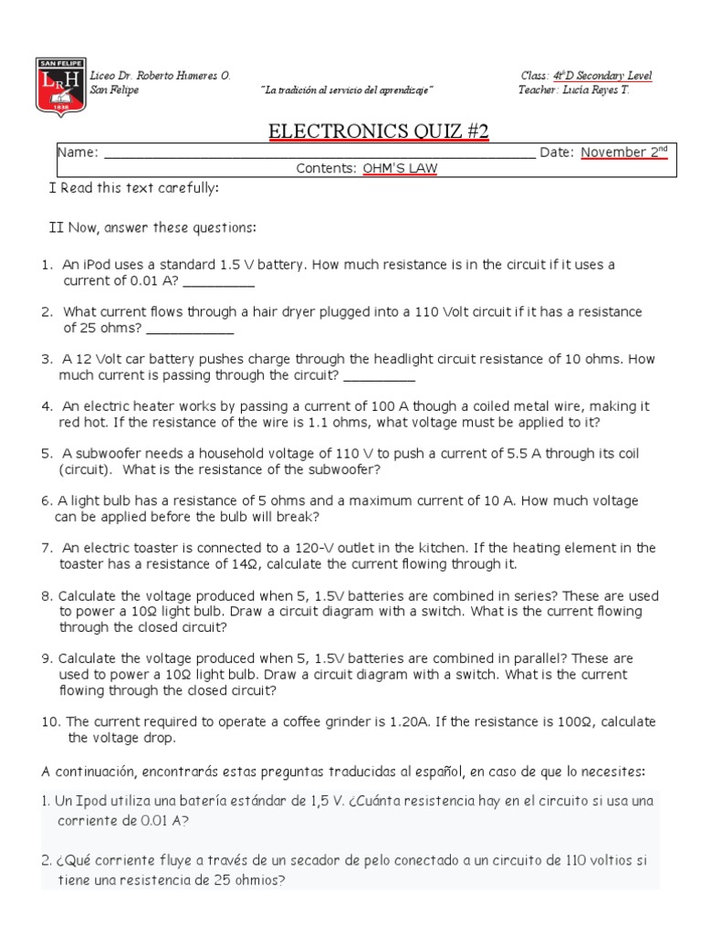 Electronics Quiz 2 I Read This Text Carefully II Now, Answer These