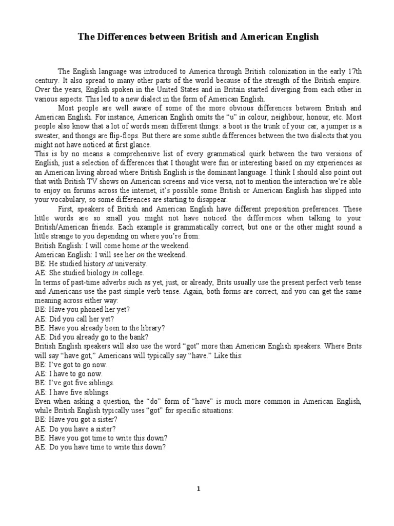 American vs British English Differences | PDF | English Language ...