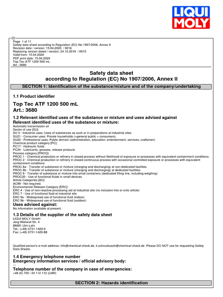 Safety Data Sheet According To Regulation (EC) No 1907/2006, Annex II