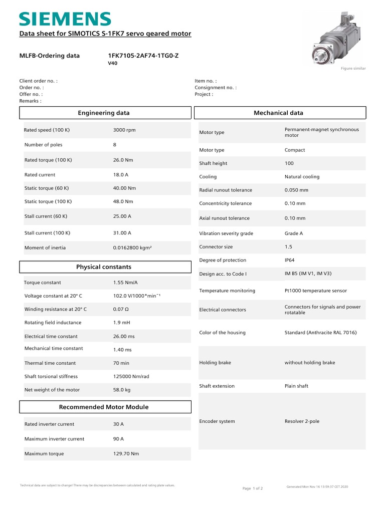 Data Sheet For SIMOTICS S-1FK7 Servo Geared Motor | PDF | Electric ...