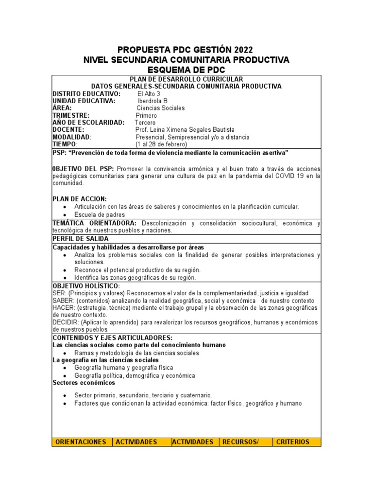 5 Plan de Desarrollo Curricular 2do B | PDF | Geografía | Aprendizaje