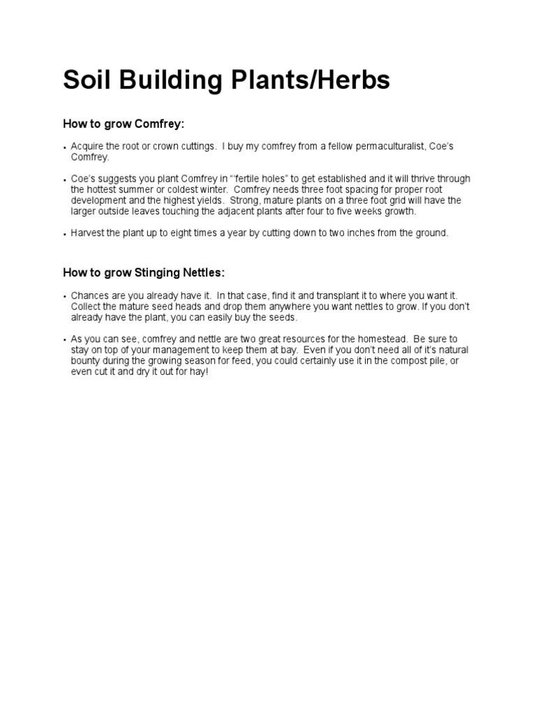 Soil Building Plants/Herbs How To Grow Comfrey PDF Compost Foods