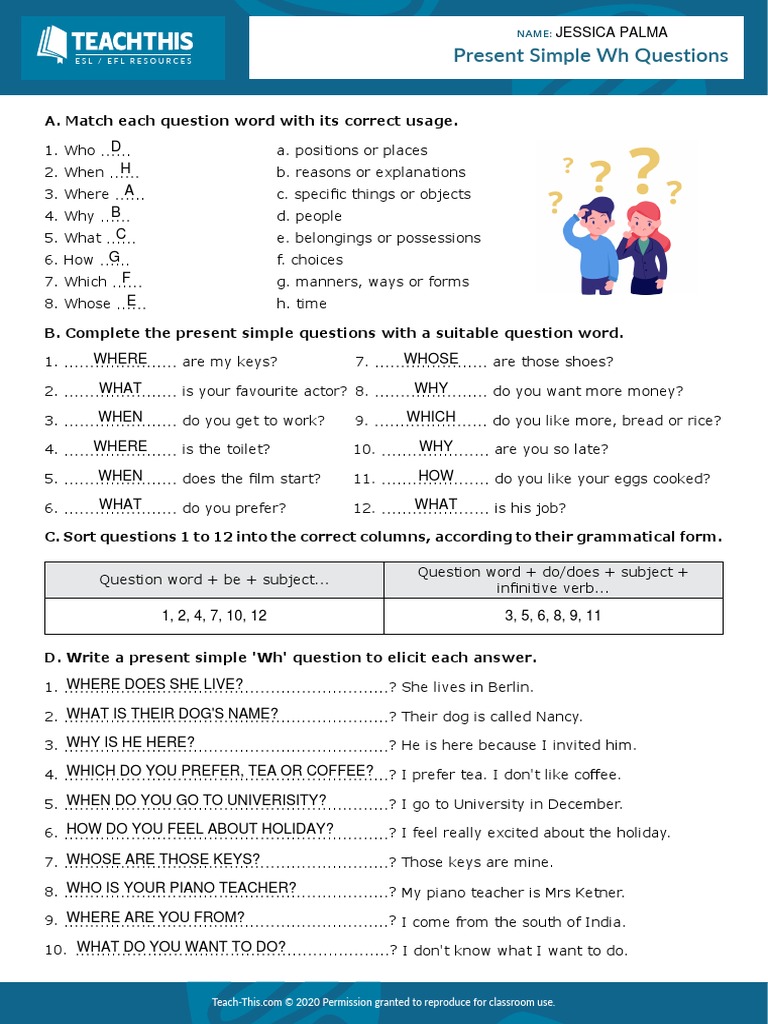 Present Simple WH Questions Interactive Worksheet | PDF | Question ...