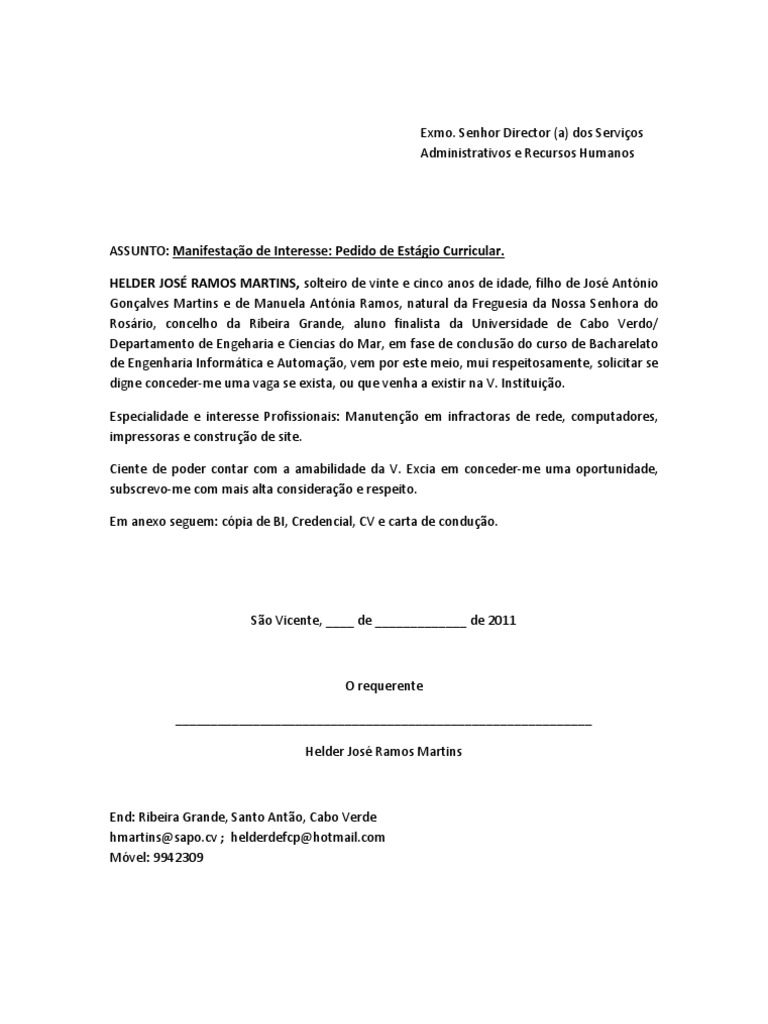 pedido de estágio  Informática  Tecnologia