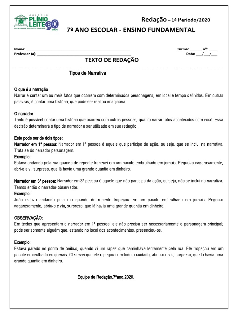 Redação 7º Ano Atividade 1 | PDF