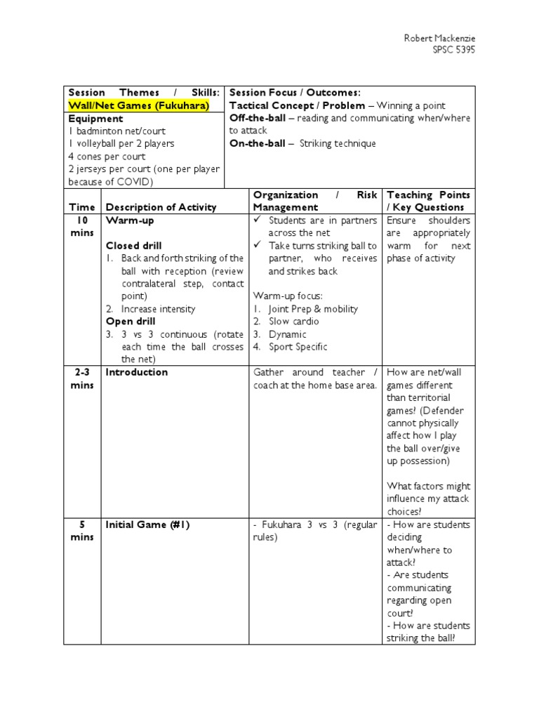 Lesson Plan Fukuhara Rm Pdf Volleyball Cognition