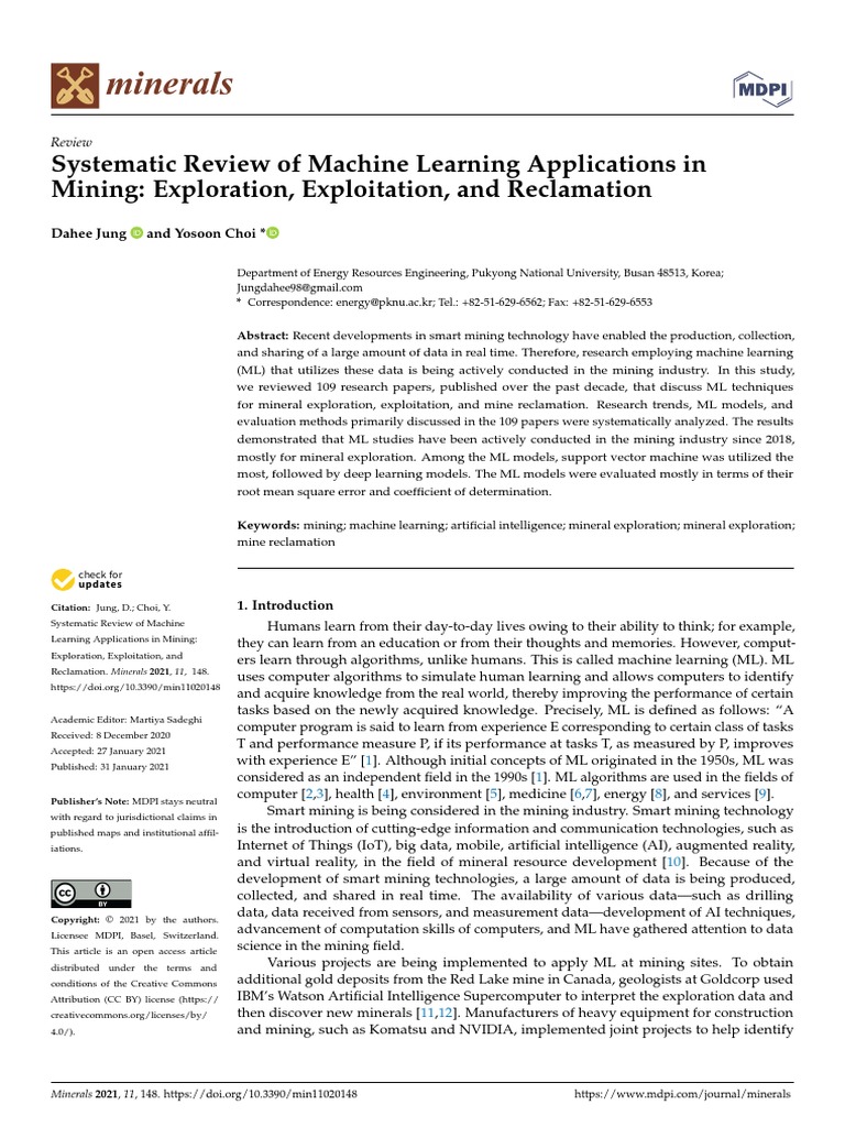 Minerals: Systematic Review of Machine Learning Applications in Mining ...