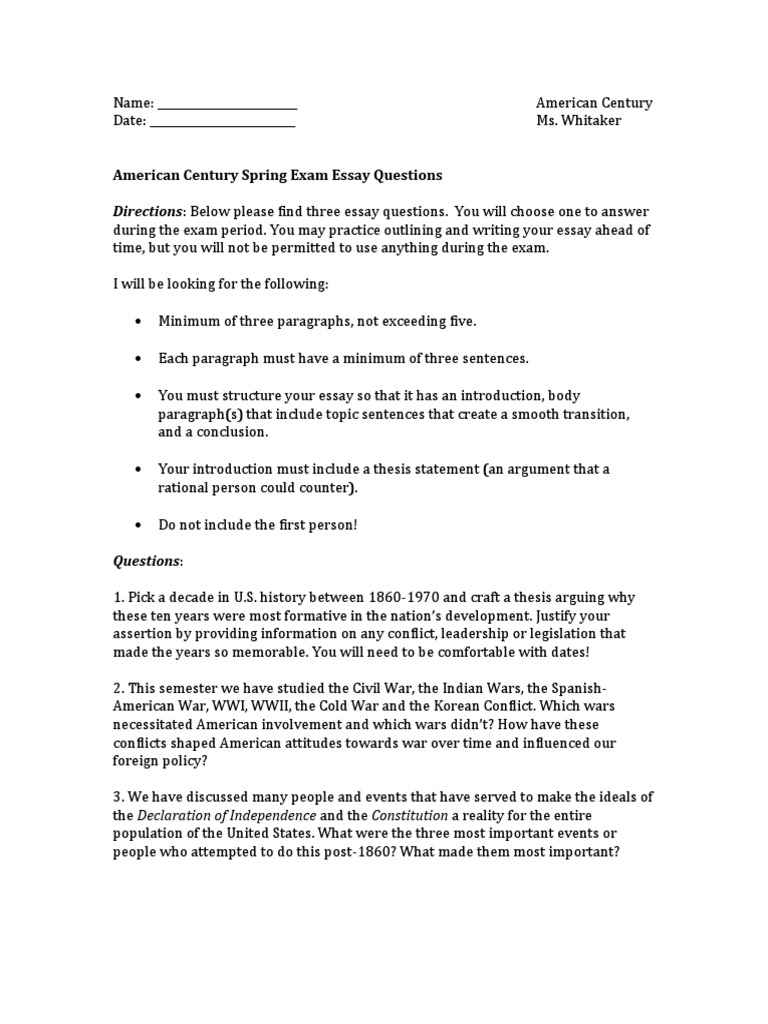 American Century Spring Exam Essay Questions | PDF