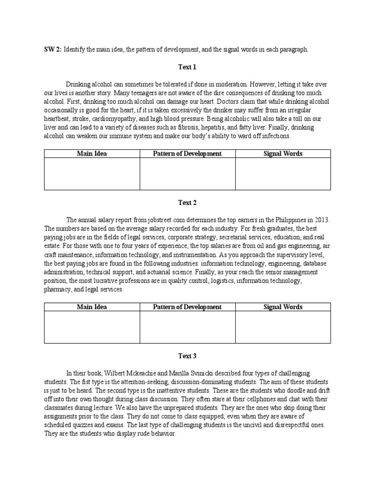 SW 2: Identify The Main Idea, The Pattern of Development, and The ...