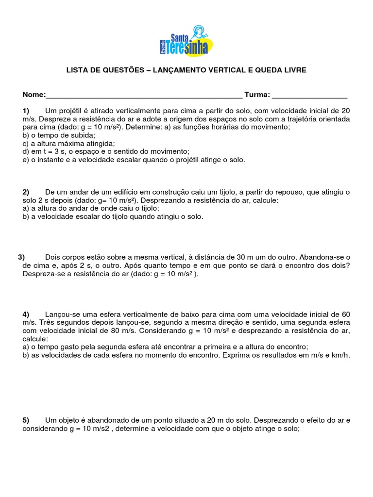 Questões Queda Livre e Lançamento Vertical | PDF