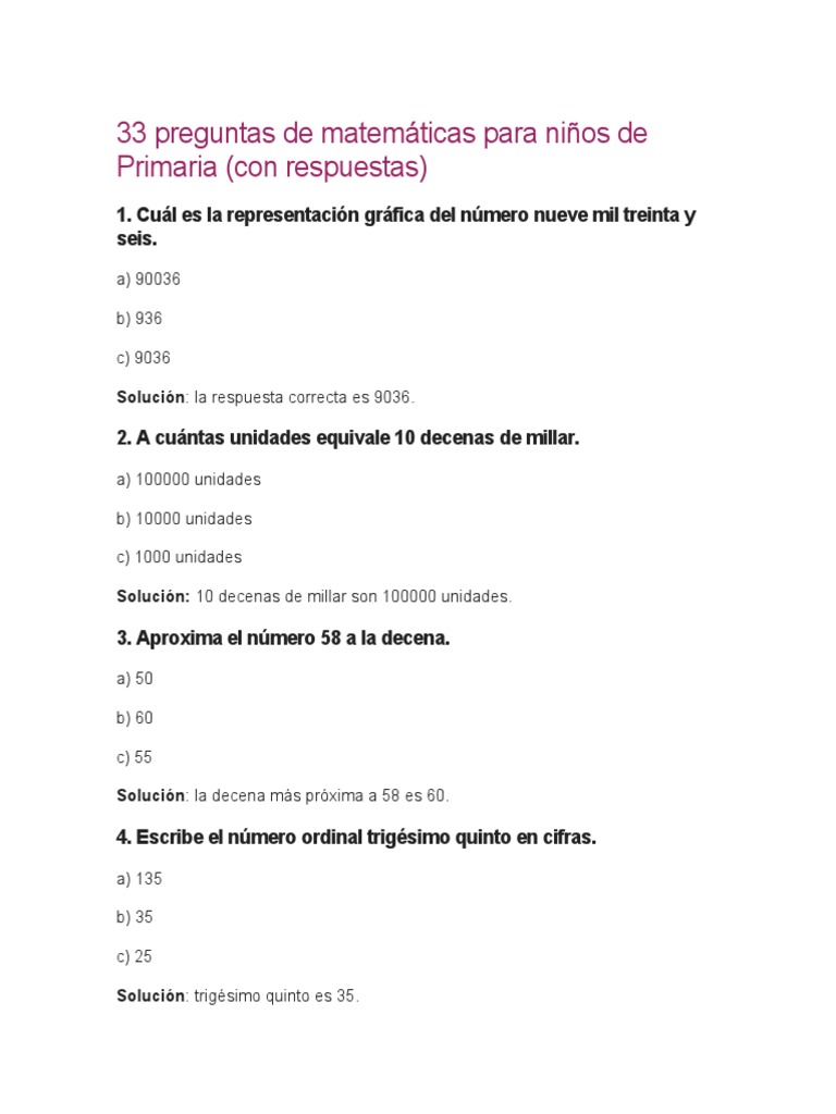 borde Erudito Lejos 33 Preguntas de Matemáticas para Niños de Primaria | PDF | División  (Matemáticas) | Matemáticas