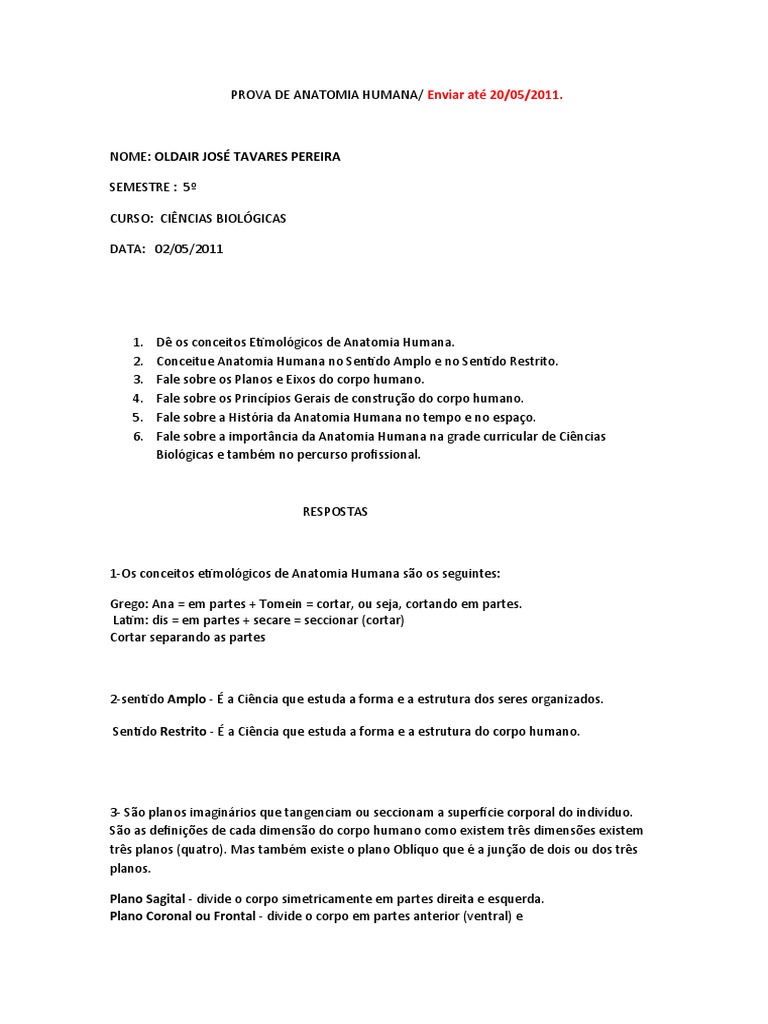 Prova De Anatomia Humana Pdf Corpo Humano Anatomia