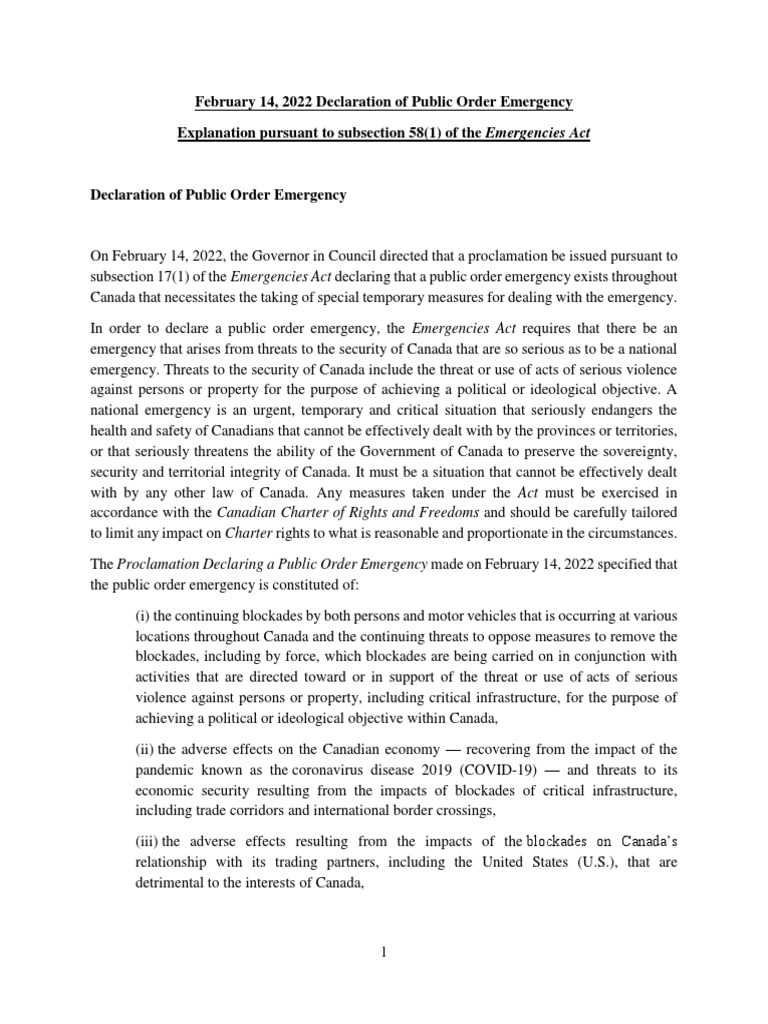 Section 58 Explanation - Emergencies Act - Feb 15, 2022 | PDF | Canada ...
