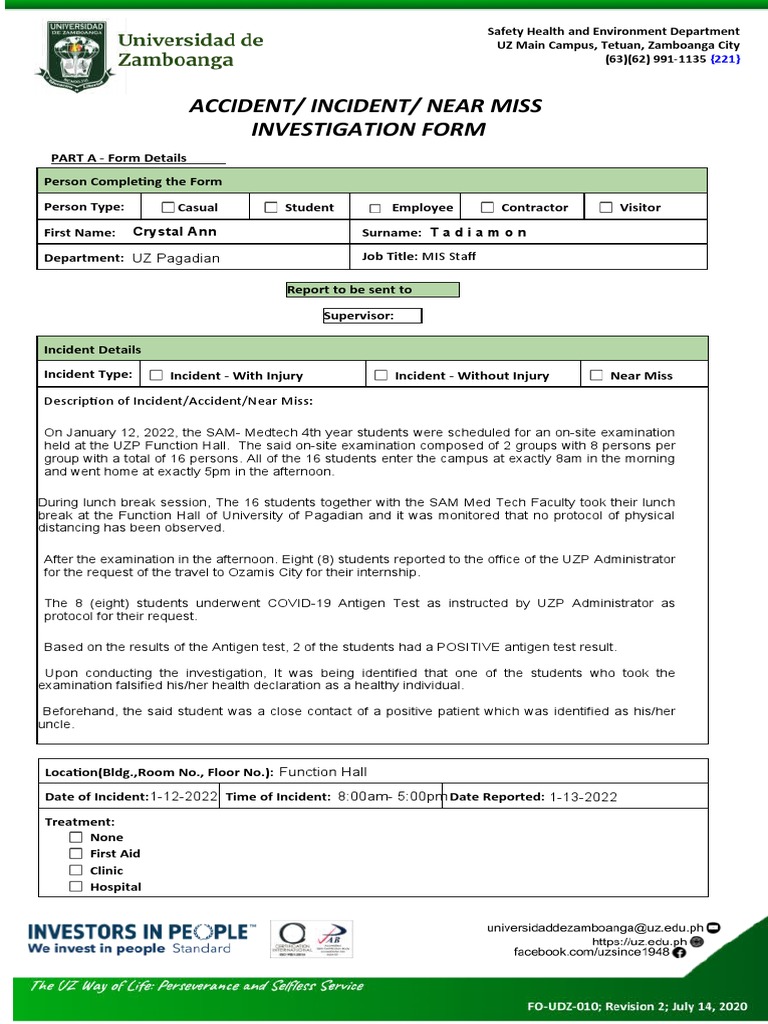 Accident/ Incident/ Near Miss Investigation Form | PDF | Health ...