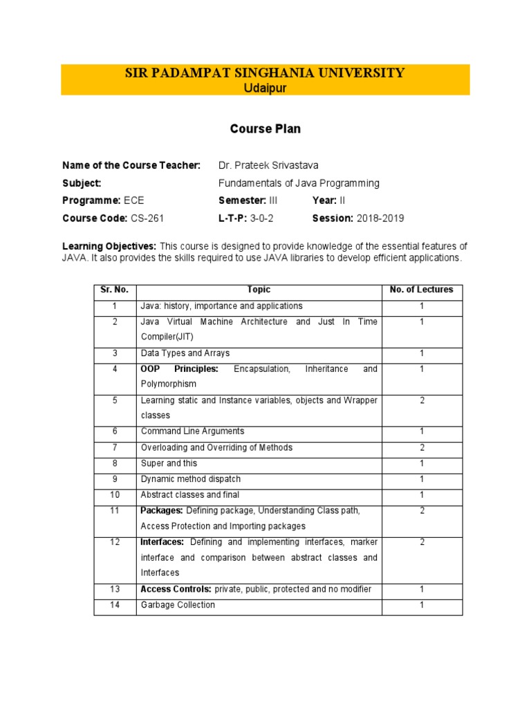 Lesson Plan Fundamentals Of Java Programming CS 261 PDF Class Lesson plan fundamentals of java programming cs 261 pdf class