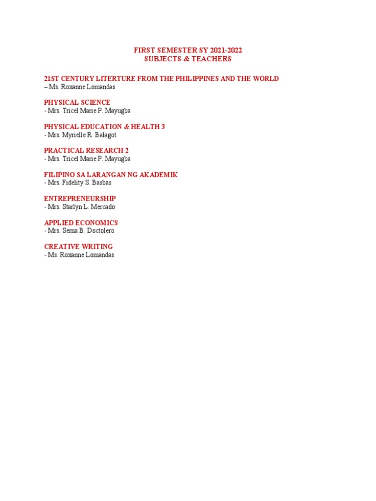 First Semester Subjects and Teachers 2021 | PDF
