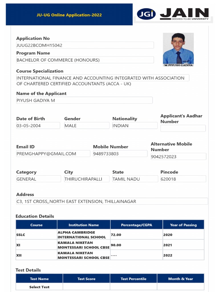 JAIN Application Form PDF