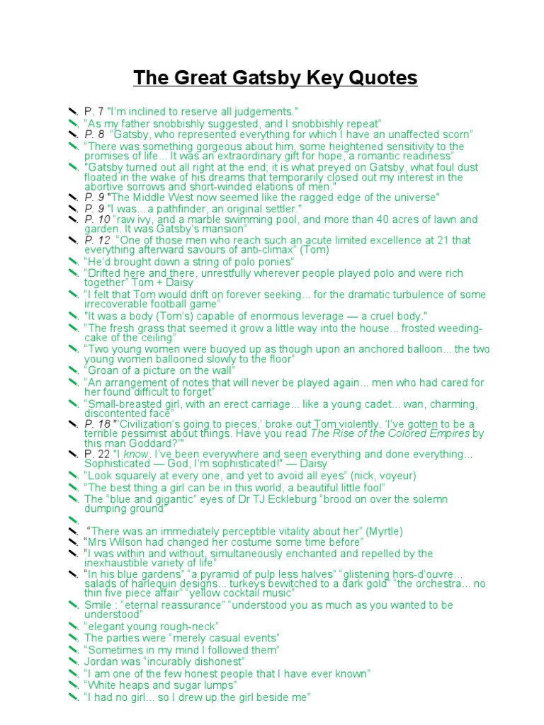 The Great Gatsby Revision - Quotes, Critics + Themes | PDF | The Great  Gatsby, image size:768x1024