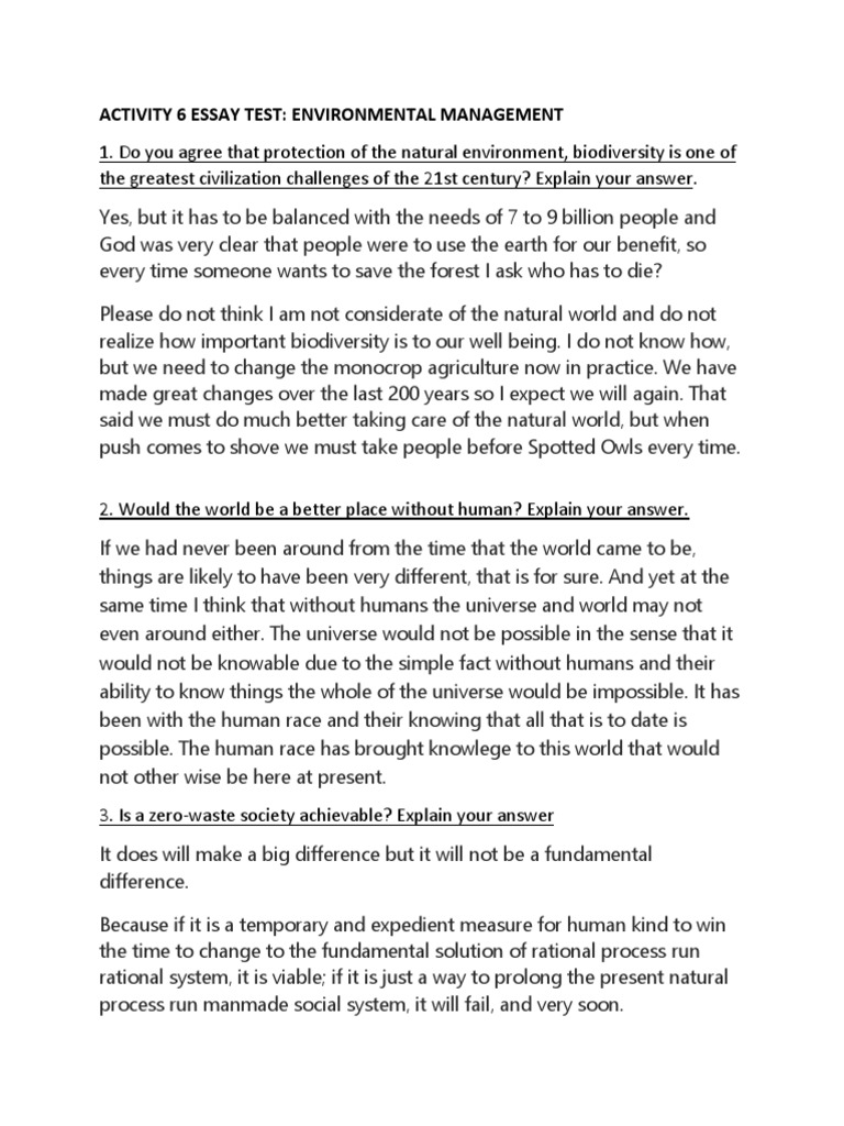 Activity 6 Essay Test: Environmental Management | PDF | Human ...