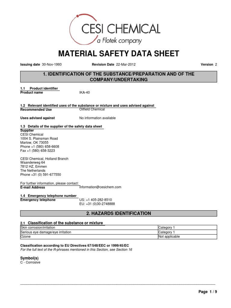 Material Safety Data Sheet for IKA40 Oilfield Chemical PDF