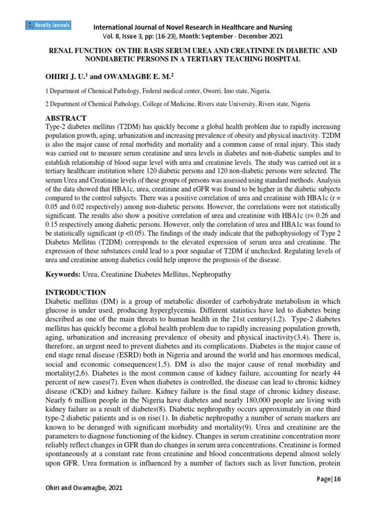 Renal Function On The Basis Serum Urea and Creatinine in Diabetic and ...
