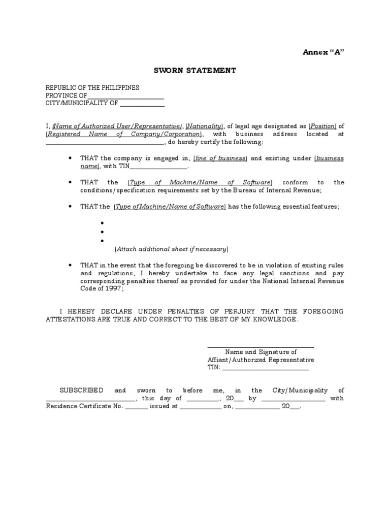 BIR Sworn Statement Template | PDF