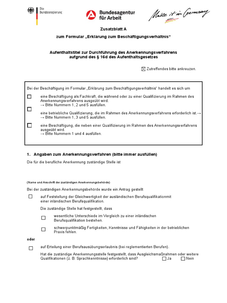 Zusatzblatt a zur erklaerung zum beschaeftigungsverhaeltnis data pdf