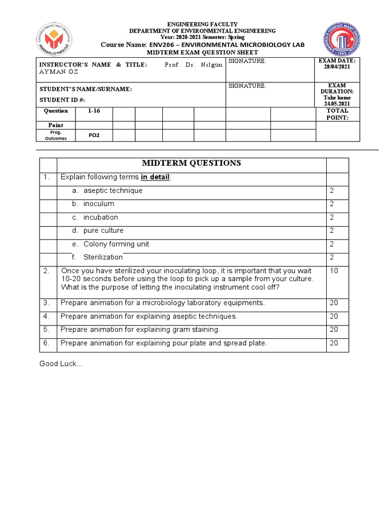 Environmental Microbiology Lab Exam | PDF | Chemistry | Medical Specialties