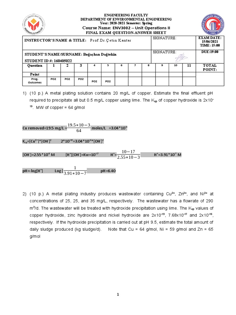 ENV3002 Unit Operations II Final Exam | PDF | Hydroxide | Copper