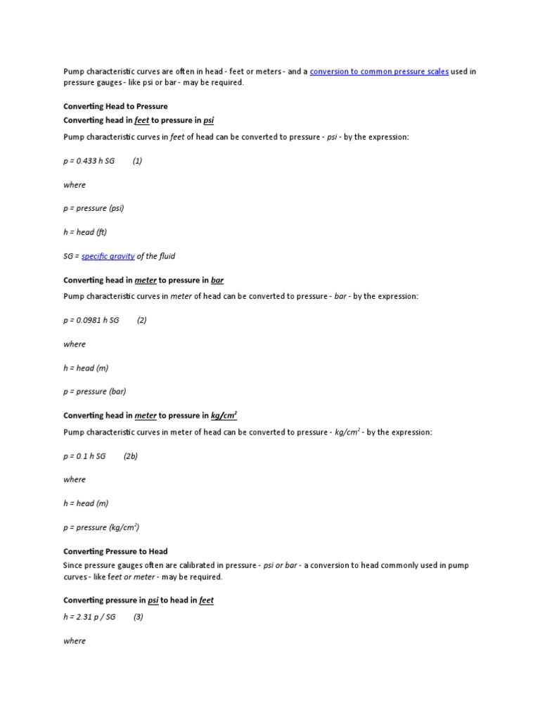 Pump Pressure Head Characteristics PDF Pressure Pressure