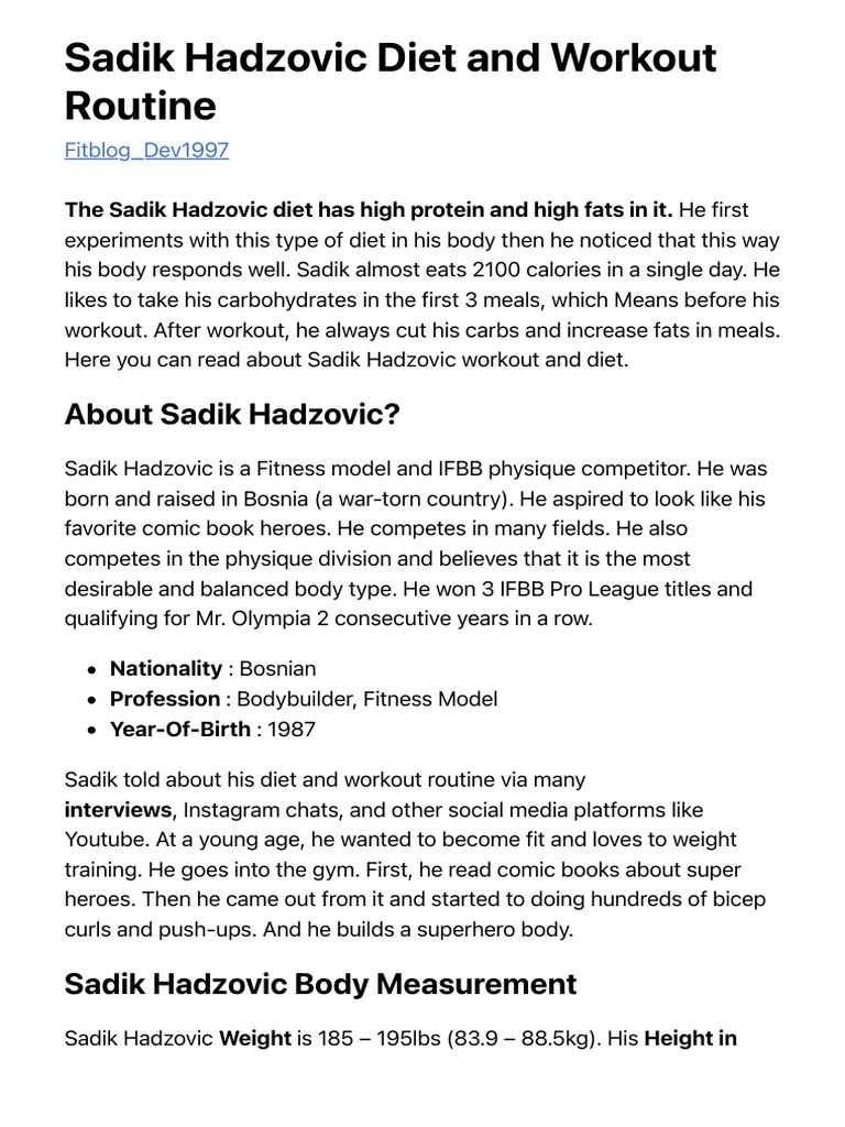 Sadik Hadzovic Diet and Workout Routine PDF Dieting Foods