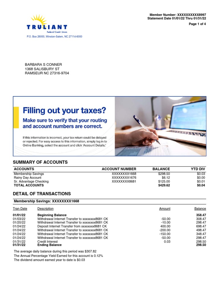 Truliant Federal Credit Union Bank Statement - January - 2022 | PDF