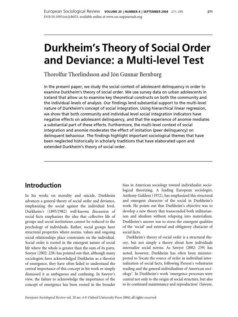 Durkheim's Theory of Social Order and Deviance: A Multi-Level Test ...